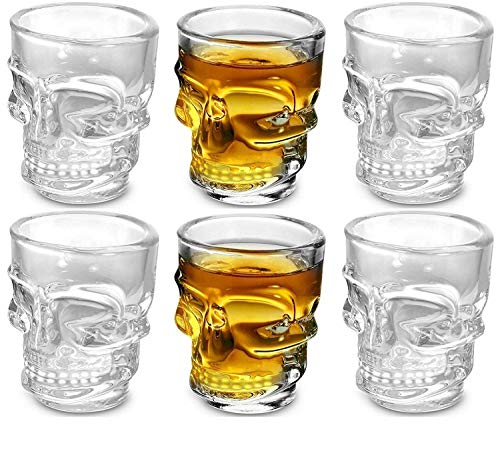 Circleware Skull Face Heavy Base Whiskey Shot Glasses, Set of 6, Party Home and Entertainment Dining Beverage Drinking Glassware for Brandy, Liquor, Bar Decor, Jello Cups, 1.75 oz, Clear