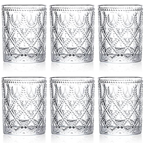 Yesland 6 Pack Vintage Drinking Glasses, 10 oz Clear Hobnail Glasses Tumbler - Embossed Water Glassware Set for Juice, Beverages, Beer, Cocktail, Whisky, Dinner Parties, Bars, Restaurants