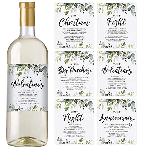Greenery Wedding First Wine Bottle Labels, Set of 6 Waterproof Labels, Wedding Gift, Marriage Milestones, Wedding Firsts