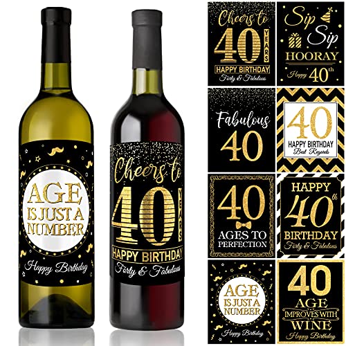 40 Pieces Happy 40th Birthday Wine Bottle Labels Stickers, Gold and Black 1982 Bday Milestone Cheer to 40 Years Party Decoration for Adult Women Men Husband 40th Birthday Party Supplies