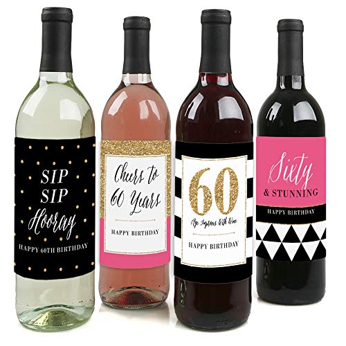 Chic 60th Birthday - Pink, Black and Gold - Birthday Gift For Women - Wine Bottle Label Stickers - Set of 4