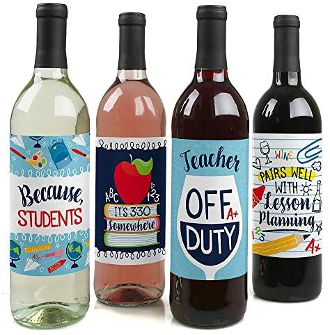 Big Dot of Happiness Back to School - First Day of School Teacher Appreciation Decorations for Women and Men - Wine Bottle Label Stickers - Set of 4