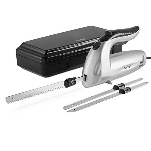 VonShef Electric Knife 10 Inch u2013 Serrated Carving Knife Set with Storage Case u2013 Interchangeable Stainless Steel Blades u2013 For Turkey, Meat, Bread, Vegetables, Fruit - 150W