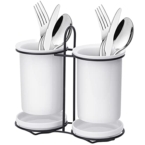 Utensil Holder, Ceramic Silverware Holder for Countertop, Utensil Caddy Silverware Caddy with Drain Tray and Metal Rack, Utensil Organizer for Party, Home, Kitchen-White