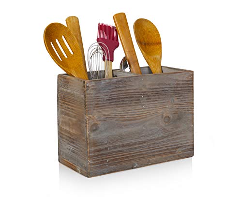 Besti Rustic Kitchen Utensil Holder With 2 Compartments | Torched Wood Utensil Organizer | For Cutlery, Napkins, Cups & More | Large Vintage Countertop Caddy Box | Size: 7 x 9.5 x 4.7u201D Inch