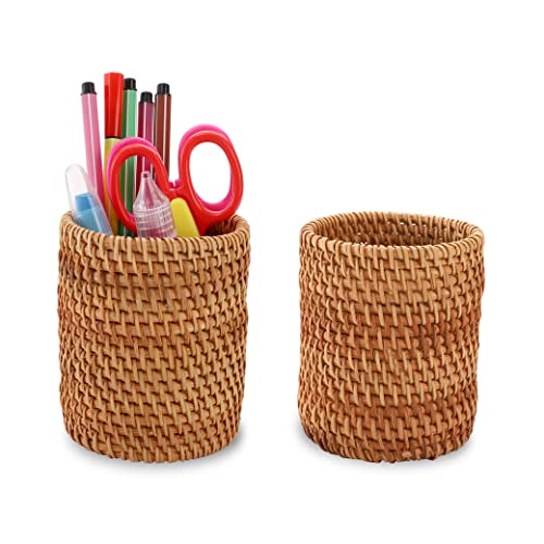Okllen 2 Pack Rattan Pencil Holder, Handmade Wicker Pen Cup Makeup Brushes Holder, Woven Vine Desk Organizer Pen Container Box for Office & Home Desktop, Kitchen Utensil Cutlery, Cylinder
