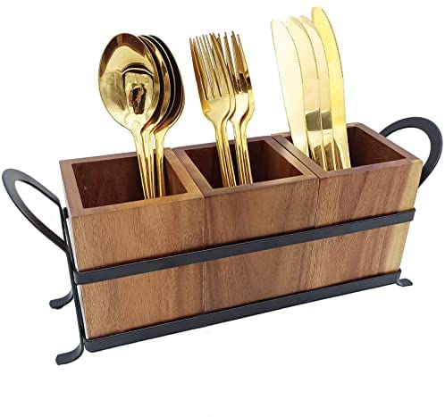 NelyBet Utensil Caddy Silverware Cutlery Holder with 3 Compartment , Wooden Utensil Crock Flatware Organizers with Metal Tray , Rustic Kitchen Utensil Organizers Storage Box usded for Farmhouse Kitchen Decor and Countertop