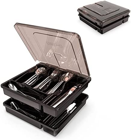 YICOCHI 2 Layer Large Silverware Tray with Lid,Stackable utensil organizer for countertop,Removable Tray for Flatware Organizer , Black