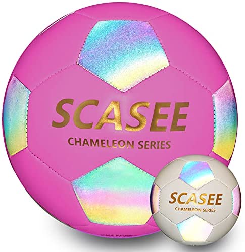 SCASEE Glow Soccer Ball-Flash Holographic Reflective and Leather Size 4 & Size 5 Soccer Balls (Adult/PRO)-Discoloration in The Sun-Gifts for Men Women Indoor Outdoor Soccer Training