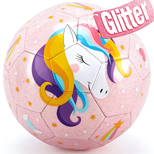 Size 3 Soccer Ball for Kids - Glitter Unicorns Gifts for Girls with Pump Mesh Bag Outdoor Toys for Kids Ages 4-8 Unicorn Toys for Girls Sports & Outdoor Play Toys for 3 4 5 6 7 8 Year Old Girls Boys