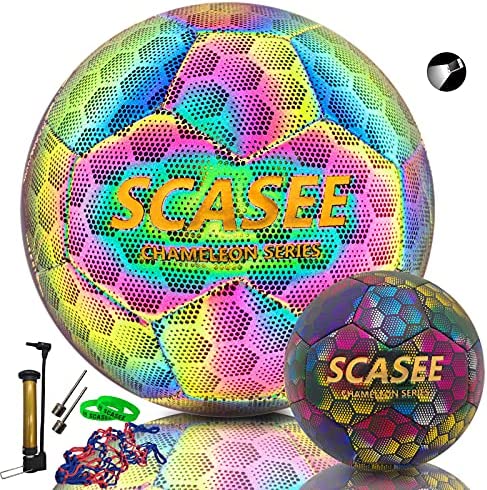 SCASEE Soccer Ball Holographic Size 5 & Size 4 & Size 3 Glow in The Dark Soccer Balls with Pump and Net Ball- Gifts for Kids,Men,Adults