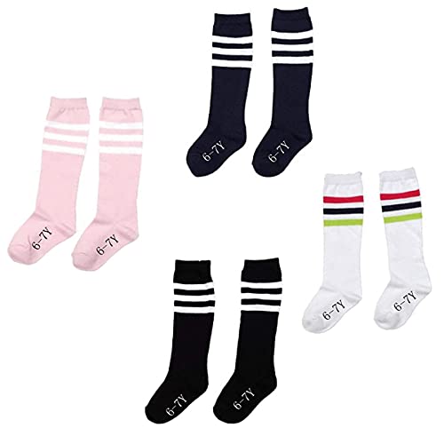 Snadulor 6-7 Years Old Kids Girls Boys Cotton Over Knee High Soccer Sports Team Socks,4 Pairs