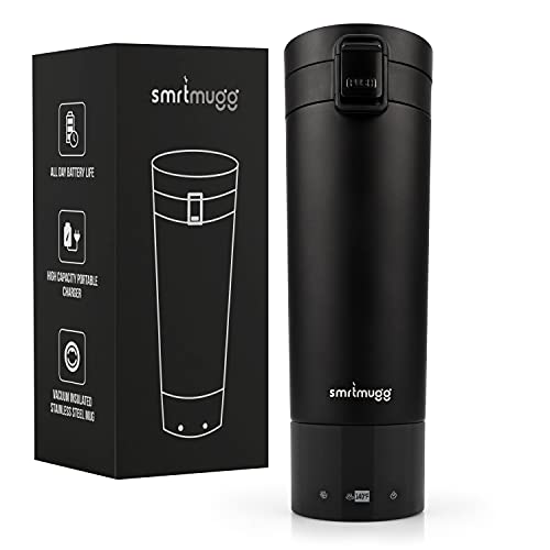 SMRTMUGG Heated Coffee Mug, All Day Battery Life, Battery Powered Travel Mug, Smart Mug, Great for Coffee and Tea, Fast Heating Technology, Portable Charger (Black 10 oz.)