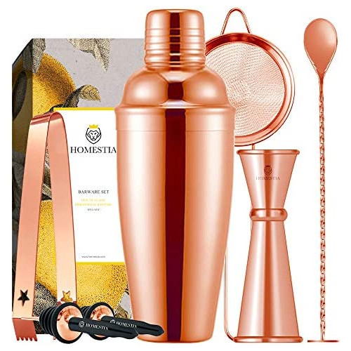 Homestia Bartender Kit 브론즈 칵테일시이카6점 세트 스테인레스 스틸 24온스 마티니시이카 바푼 더블 더가 muddler 리큐르 쏟아져 구