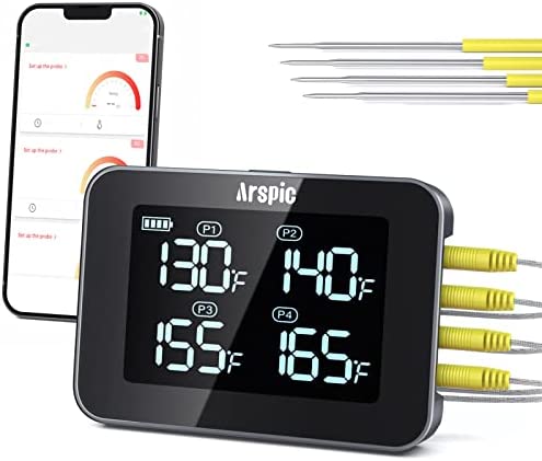 Arspic Bluetooth Meat Thermometer - Digital Wireless Thermometer with 330ft Remote Monitor, 4 Temperature Probes and Alarm Notification for Grilling BBQ Smoker Kitchen Cooking Oven