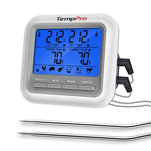TempPro G17 Digital Meat Thermometer Dual Probes Food Thermometer for Oven Smoker Grill Deep Fry Cooking Thermometer with Backlit Oven Thermometer with Timer, White