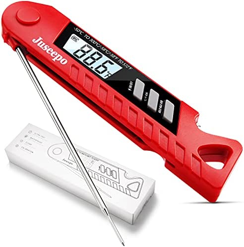 Juseepo Waterproof Digital Meat Thermometer, 2s Fast Instant Read BBQ Thermometer with Backlight Display and Foldable Probe, Suitable for Kitchen, Outdoor BBQ, Steak, Chicken, Coffee and Fried (Red)