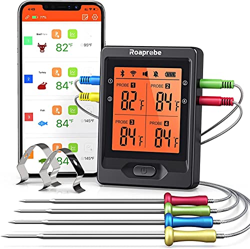 Bluetooth Meat Thermometer Wireless 100M/328FT Remote Digital Meat Thermometer,Roaprobe Smart Meat Thermometer for Cooking Food Meat Thermometer with 4 Probes for Oven, Grill, Kitchen, BBQ, Smoker
