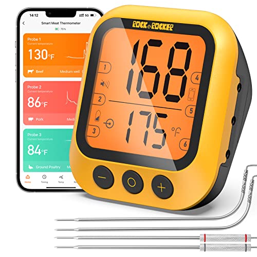 Rock&Rocker Wireless Meat Thermometer, 500Ft Bluetooth Grill Thermometer with 4 Preise Probes, Up to 6 Probe Channels, Remote Temp Monitoring, Smart Alert, Digital Thermometer for Grilling/Oven/Smoker