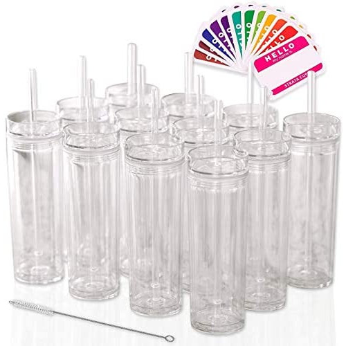 SKINNY TUMBLERS 24 클리어 아크릴 텀블러 뚜껑과 스트로 부착 16온스 이중벽 플라스틱 + 클리너&네임 택 첨부 정리 수습구매재 이용 가능 컵 - 단열 클리어,24