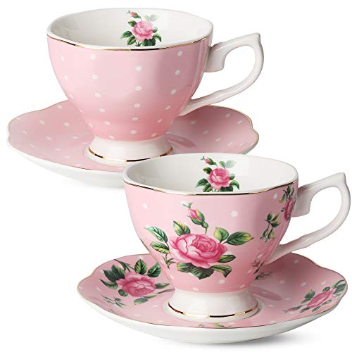 BTaT- Floral Tea Cups and Saucers, Set of 2 (Pink - 8 oz) with Gold Trim and Gift Box, Coffee Cups, Floral Tea Cup Set, British Tea Cups, Porcelain Tea Set, Tea Sets for Women, Latte Cups