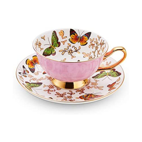 LURRIER Coffee Cup Mug with Saucer for Latte, Cappuccino Tea with Butterflies 6.8 Oz Fine Bone China, Dishwasher Safe, Reactive Glaze, 1 Pcs (Pink)