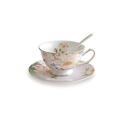 ABHOME Bone China Cup and Saucer Set Vintage Floral Porcelain Tea Cup with Gold Trim for Women, 6 oz Pink
