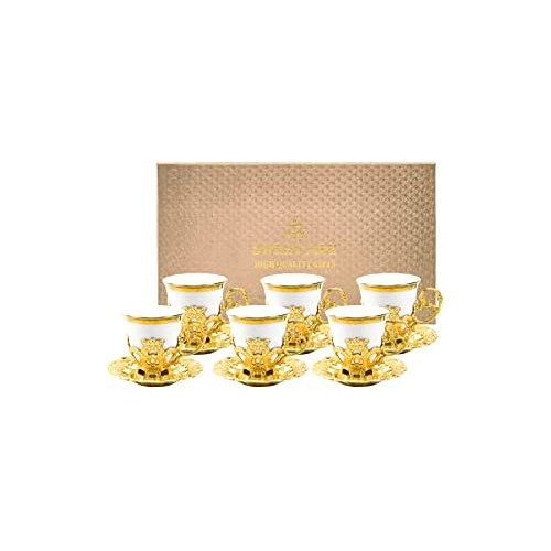 TGTAKDS Turkish Coffee Cup Set of 6 Turkish Tea Set Arabic Coffee Cups Set Espresso Turkish Coffee Cups with Metal Holders and Saucers Tea Cups And Saucers 2.8 Ounces Turkish Coffee Set (Pink-Golden)