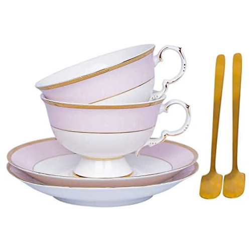 Taimei Teatime Porcelain Tea Cups and Saucers with Spoon, Set of 2 (8 oz), European Coffee Cup with Textured Floral Pattern and Gold Trim in Gift Box, Cappuccino Cups for Latte, Mocha and Tea (Pink)