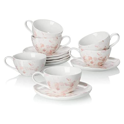 Sweese 250.689 Porcelain Tea Cups and Saucers, with Elegant Rose Print, British Coffee Cups, Set of 6 (8 oz), Tea Set for Women, Floral Tea, Pink