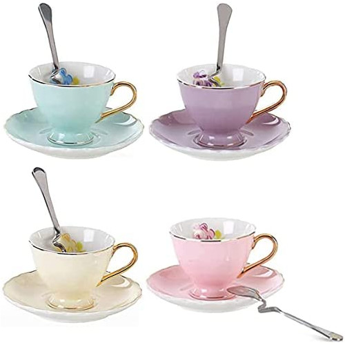 YBK Tech Euro Style Espresso Cup and Saucer Set of 4, Bone China Porcelain Coffee Cup for Home Kitchen Tea Party (4 Assorted Color/Set) (90ml)