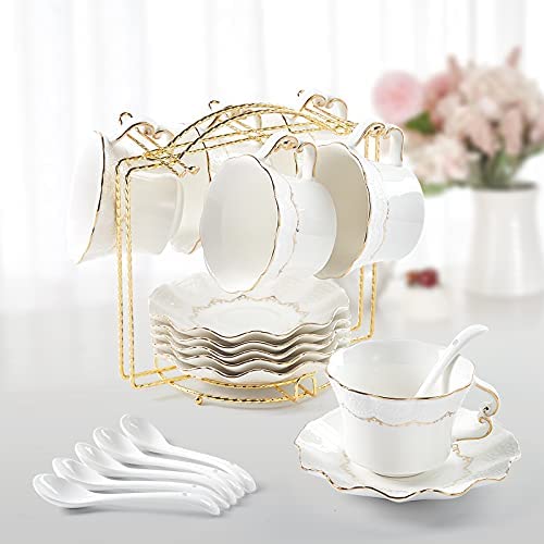 DUJUST Tea Cups and Saucers Set of 4 (8 OZ), Candy Pink Tea Cup Set with Golden Trim, Petal Edge Coffee Cups with Metal Stand, Simple Style Porcelain Tea Party Set - Pink