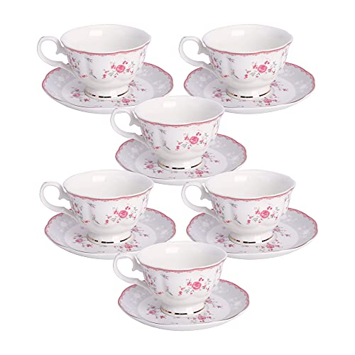 fanquare Pink Rose Tea Cup and Saucer Set for 6, British Vintage Afternoon Cup Set, Porcelain Coffee Cup with Gold Border, 5 oz