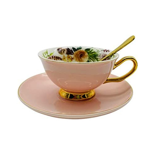Krysclove Vintage Ceramic Teacup, Coffee Cup with Spoon and Saucer Set, Fine Royal Bone China Tea Cups (Pink)