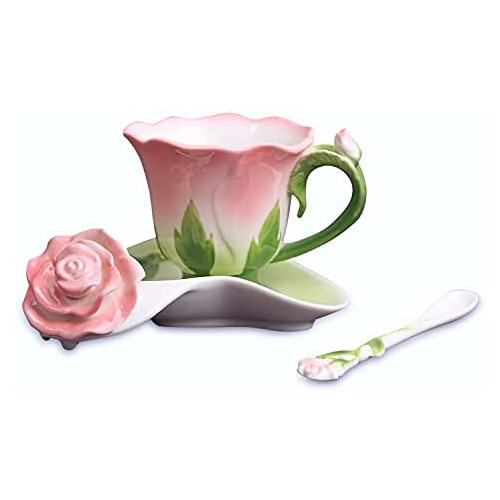 ENCOFT Hand Crafted Collection Porcelain Coffee Tea Cup Sets with Saucer and Spoon Rose Shape Design (Pink)