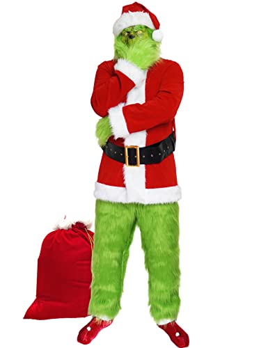 ADOMI Christmas Costume for Men Green Big Monster 8PCS Deluxe Adult Santa Suit Xmas Furry Outfit Set Halloween Holiday
