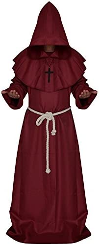 LETSQK Mens Friar Medieval Hooded Monk Priest Robe Tunic Halloween Cosplay Costume