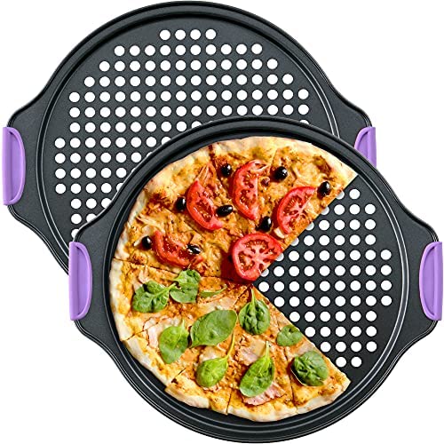 Amazing Abby - Chef Stacy 2팩 13-Inch Non-Stick Pizza Pan Holes Perforated Crisper Heat-Resistant Silicone Handle Grips Oven-Safe Bakeware Carbon Steel 베이킹 Oven