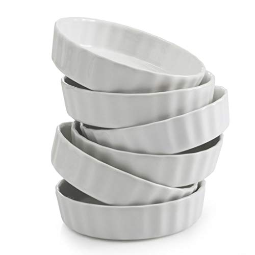 GOURMEX White Round Fluted Quiche 베이킹 Dish 세라믹 Nonstick Pan Perfect Small Tart Pies Creme Brulee Custard Dishes 미니 Cheesecake Porcelain 5