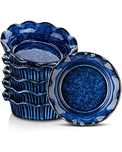 vancasso 파이팬 5.5 inch - 9oz 미니 Pans 세트 6 세라믹 Dish 파이 접시 베이킹 Small s Corrugated Edge Easy Clean Dishwasher & Microwave 오븐 Safe Blue