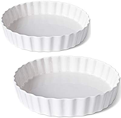 Delling 세트 2 Tart Pans 9.5 inch Quiche Pan 세라믹 Fluted 베이킹 Dish/Pie Perfect Pies Chicken Pot Pie Cheesecake Creme Brulee Round White