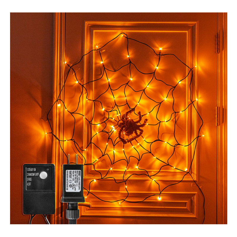 할로윈장식 PEIDUO Halloween Spider Web Lights ,16*15FT Light up Black Spider Web with 135 LED Waterproof Purple Lights for Party Yard Bar Haunted House Decor Indoor and Outdoor Decoration