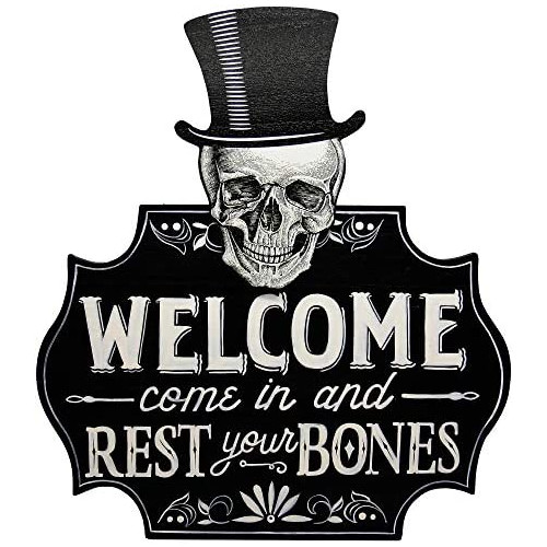 DR.DUDU Halloween door decoration, Halloween Welcome Sign, Halloween Skeleton Hanging Welcome Sign, 16 Wood Door Sign Haunted House Skeleton Decor, Halloween Wall Sign (black)