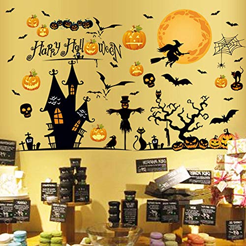 Happy Halloween Removable Wall Stickers Window Art Decoration Vinyl Witch Bats Pumpkin Decals for Home Decor Indoor Outdoor