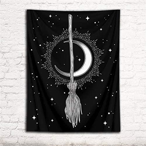 HVEST Witch's Broom Moon Tapestry Wall Hanging Black and White Bohemian Psychedelic Hippie Art Tapestries Wall Decor for Living Room Bedroom Dorm Party, 40X60 Inchs