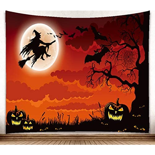 M maoav Tapestry Wall Hanging, Halloween Lovely Fun Witch Pumpkin Crow Wall Tapestry, Wall Art Decoration for Bedroom Living Room Dorm, 59 X 51