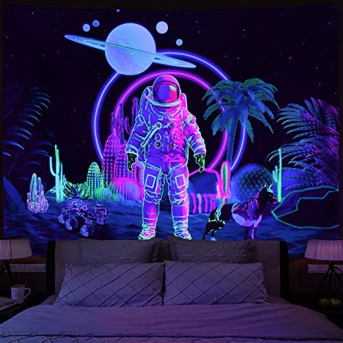 Blacklight Astronaut Tapestry UV Reactive Planet Tapestry Trippy Cactus Tapestry Galaxy Stars Tapestry Psychedelic Space Tapestry Neon Palm Tree Wall Hanging for Room