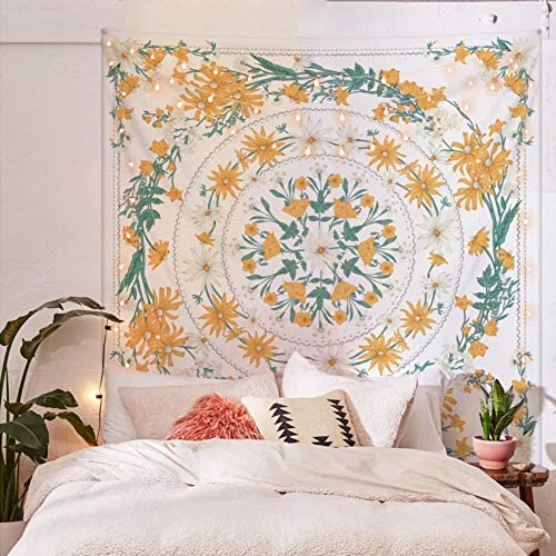 Simpkeely Mandala Clara Floral Medallion Tapestry Sketched Flower Plant Boho Wall Hanging Bohemian Hippie Tapestries 침실 Living Room Dorm Home Décor 59.1 x 59.1인치 Yellow