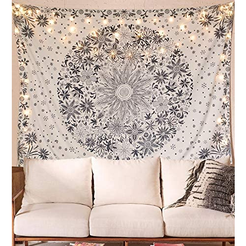 Neasow Bohemian Tapestry Wall Hanging Beige White Floral Dotted Daisy Medallion Print 침실 Boho Hippie Home Decor