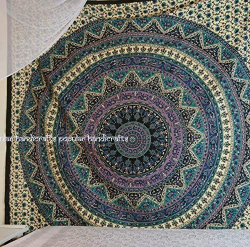 Popular Handicrafts Hippie Mandala Bohemian Psychedelic Intricate Floral 디자인 Indian Bedspread Magical Thinking Tapestry 84x90 Inches 215x230cms 그린 Red